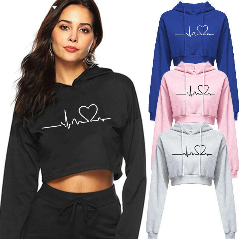 Women's Hooded Sweaters Hoodies Solid Color Long Sleeve ECG Prited Cropped Hooded Pullover - KIMLUD