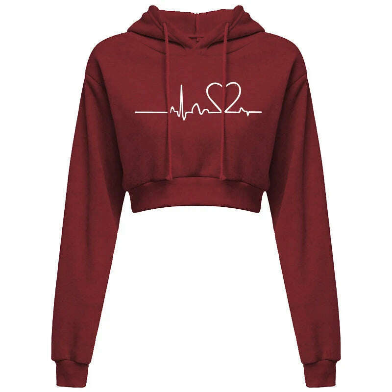 KIMLUD, Women's Hooded Sweaters Hoodies Solid Color Long Sleeve ECG Prited Cropped Hooded Pullover, Wine Red / L, KIMLUD APPAREL - Womens Clothes