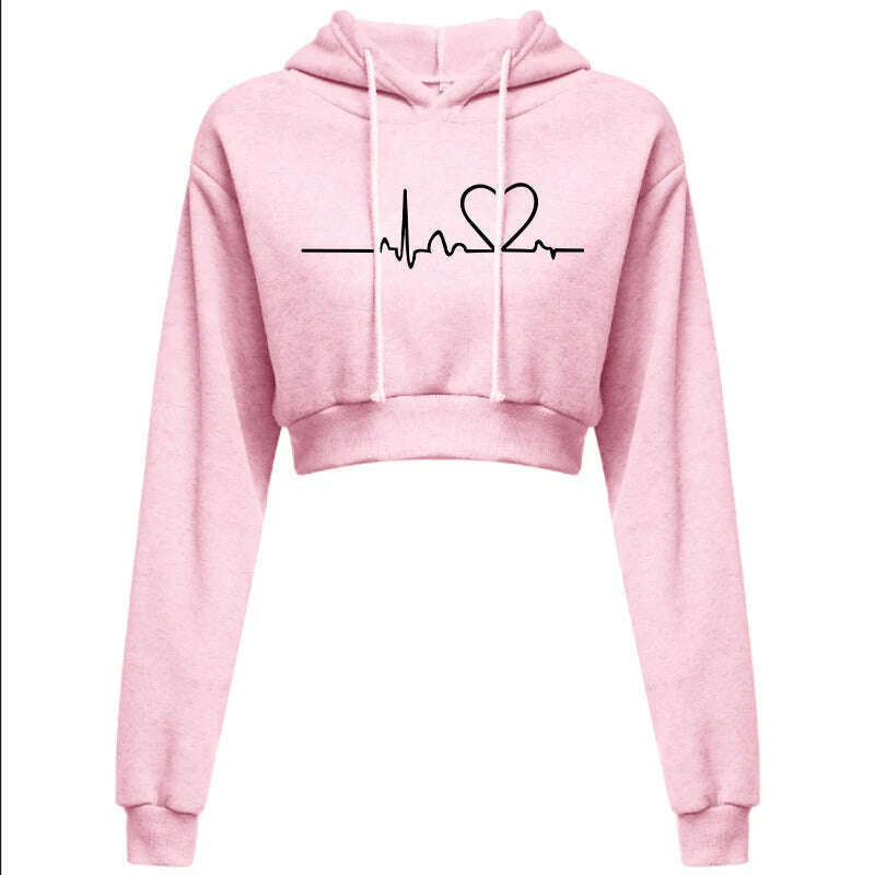 KIMLUD, Women's Hooded Sweaters Hoodies Solid Color Long Sleeve ECG Prited Cropped Hooded Pullover, Pink / S, KIMLUD APPAREL - Womens Clothes