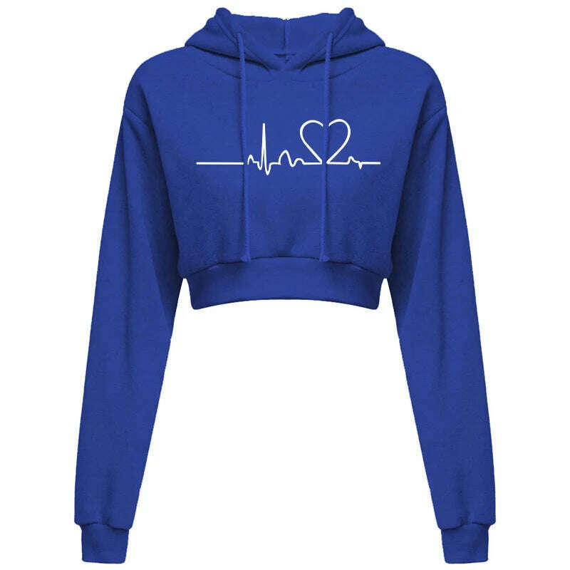 KIMLUD, Women's Hooded Sweaters Hoodies Solid Color Long Sleeve ECG Prited Cropped Hooded Pullover, Blue / L, KIMLUD APPAREL - Womens Clothes