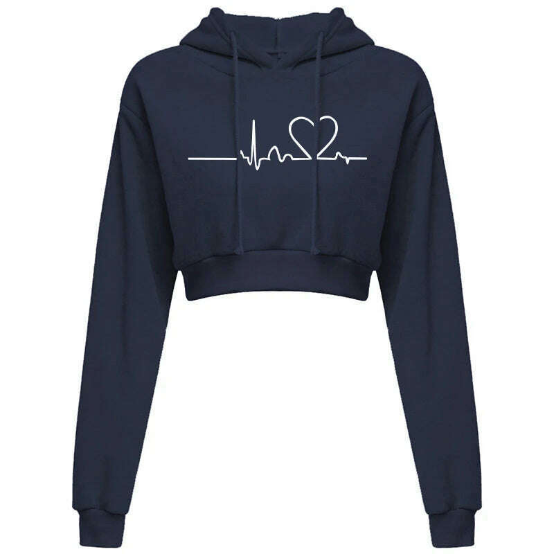 KIMLUD, Women's Hooded Sweaters Hoodies Solid Color Long Sleeve ECG Prited Cropped Hooded Pullover, Navy Blue / S, KIMLUD APPAREL - Womens Clothes