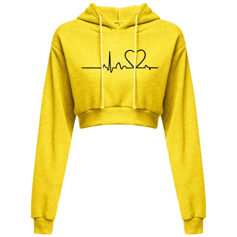 KIMLUD, Women's Hooded Sweaters Hoodies Solid Color Long Sleeve ECG Prited Cropped Hooded Pullover, Yellow / L, KIMLUD APPAREL - Womens Clothes