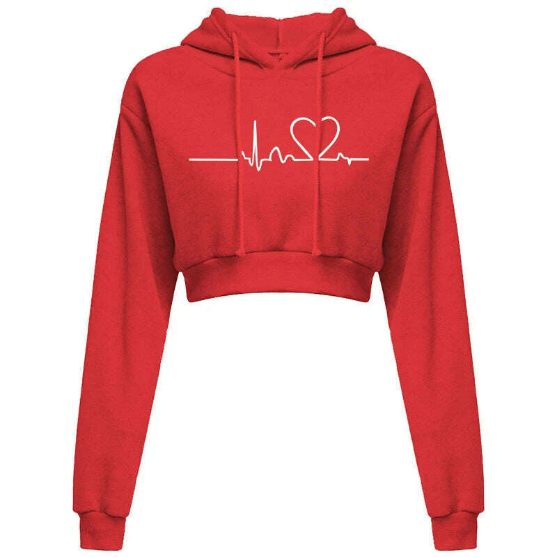 KIMLUD, Women's Hooded Sweaters Hoodies Solid Color Long Sleeve ECG Prited Cropped Hooded Pullover, Red / S, KIMLUD APPAREL - Womens Clothes