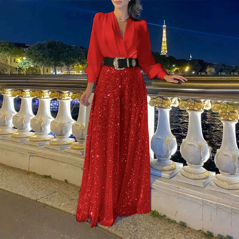 KIMLUD, Women's jumpsuit fashion V-neck long sleeved shirt with elegant temperament slim waist and sequin wide leg pants autumn 2024, Red belt / S, KIMLUD APPAREL - Womens Clothes