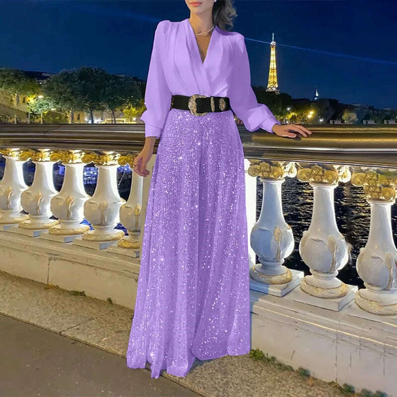 KIMLUD, Women's jumpsuit fashion V-neck long sleeved shirt with elegant temperament slim waist and sequin wide leg pants autumn 2024, Purple belt / M, KIMLUD APPAREL - Womens Clothes