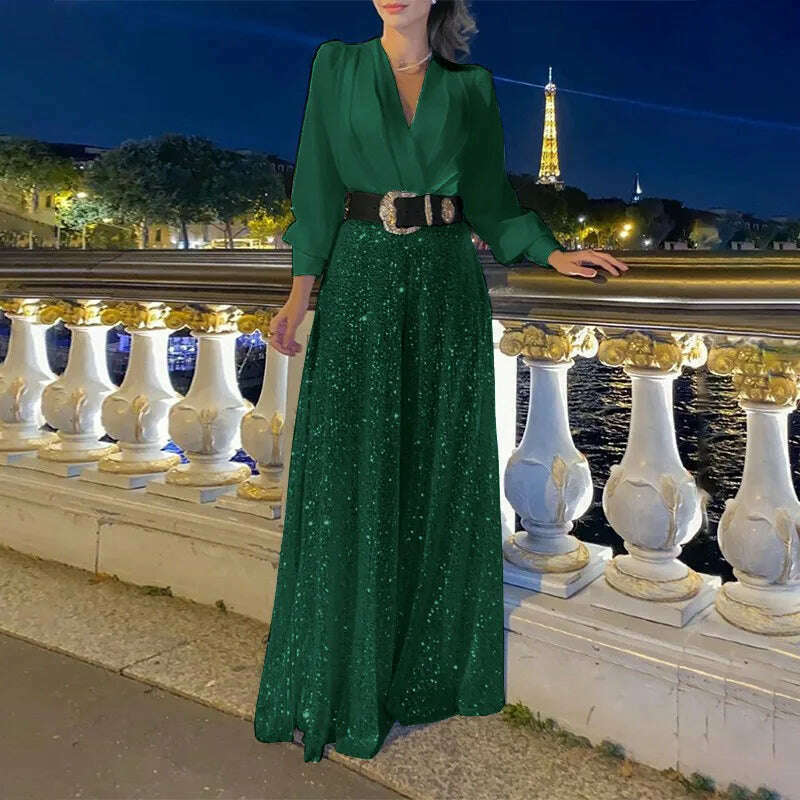 KIMLUD, Women's jumpsuit fashion V-neck long sleeved shirt with elegant temperament slim waist and sequin wide leg pants autumn 2024, Dark green belt / S, KIMLUD APPAREL - Womens Clothes