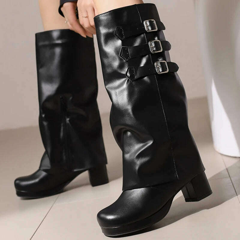 Women's Knee High Boots Sexy Turned-over Edge Winter Shoes Black White Pink Heeled Long Boot Ladies Party Shoes Large Size 45 - KIMLUD