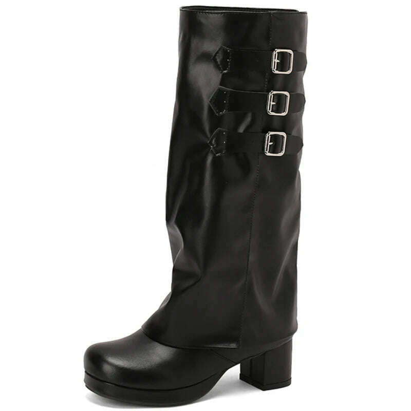 Women's Knee High Boots Sexy Turned-over Edge Winter Shoes Black White Pink Heeled Long Boot Ladies Party Shoes Large Size 45 - KIMLUD