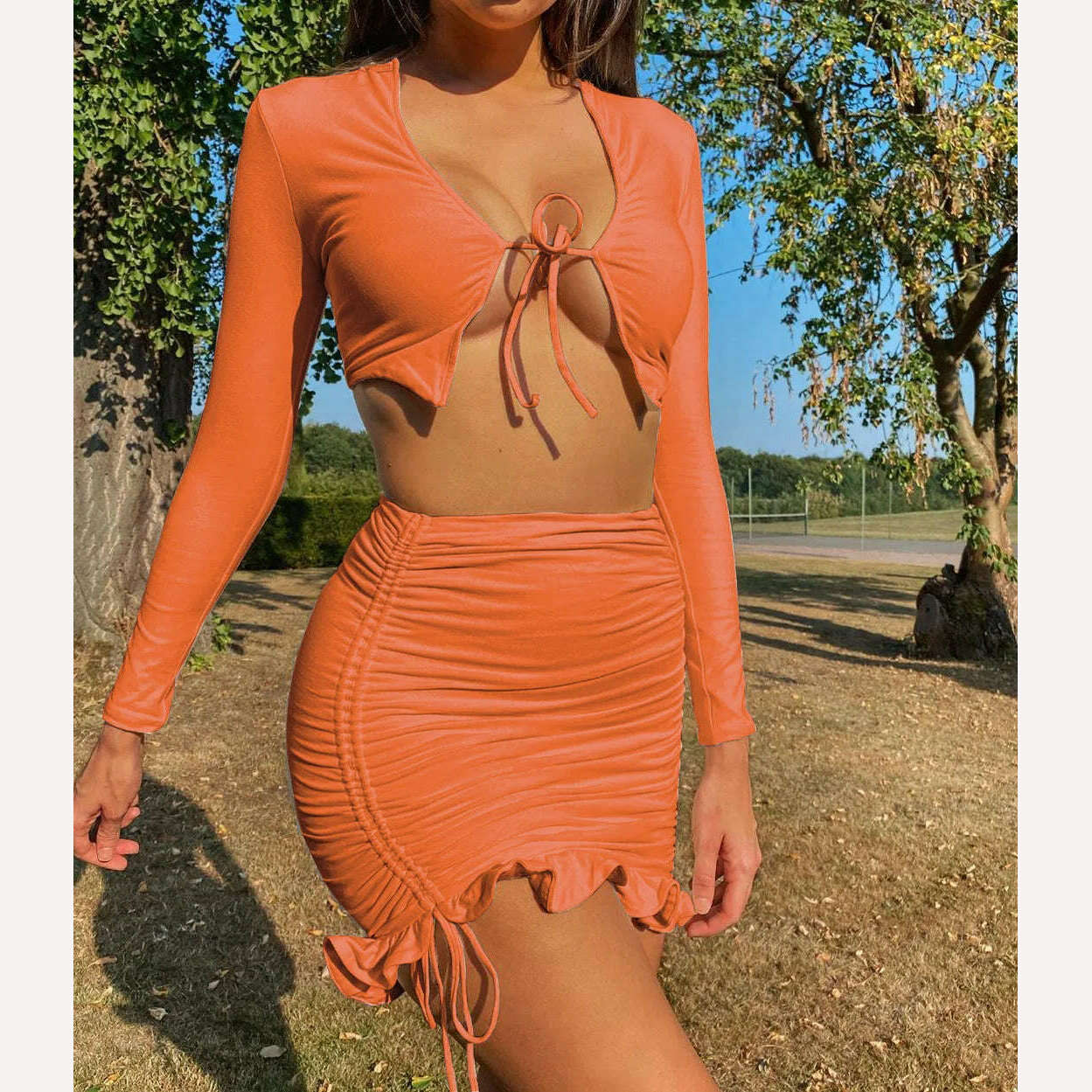 KIMLUD, Women's Long Sleeve Crop Tops Bodycon Pencil Skirt Set Sexy V-Neck Ruffle Lace Up Shirring Two-piece Dress Spring Autumn Clothes, orange / M, KIMLUD APPAREL - Womens Clothes