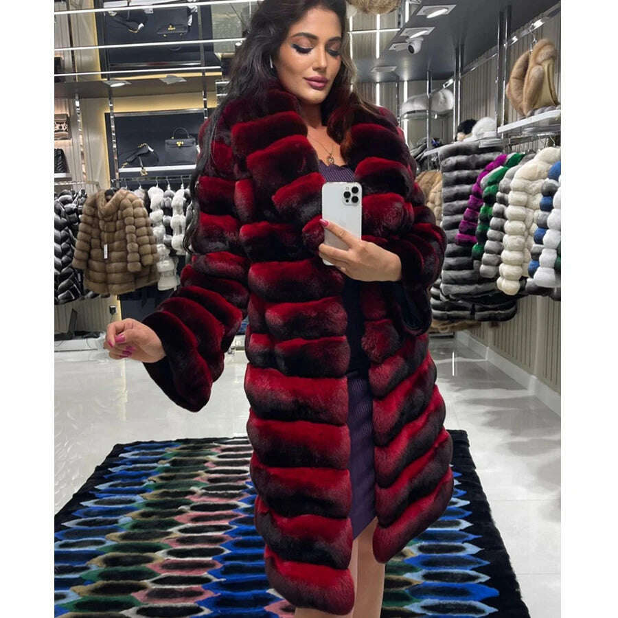 Women's Long Winter Coat Chinchilla Luxury Real Rex Rabbit Fur Coats For Women Fur Coat Women Warm Best Seller - KIMLUD