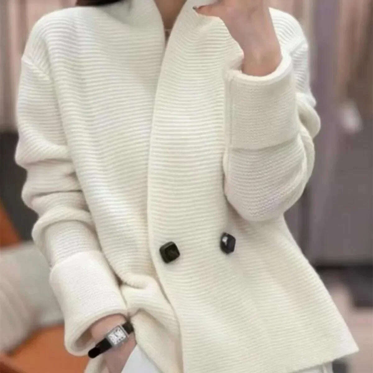 KIMLUD, Women's Loose and Lazy Style Mid-length Sweater, Casual Coats, Simple Knit Cardigan, Korean Style, Spring, Autumn, KIMLUD Womens Clothes