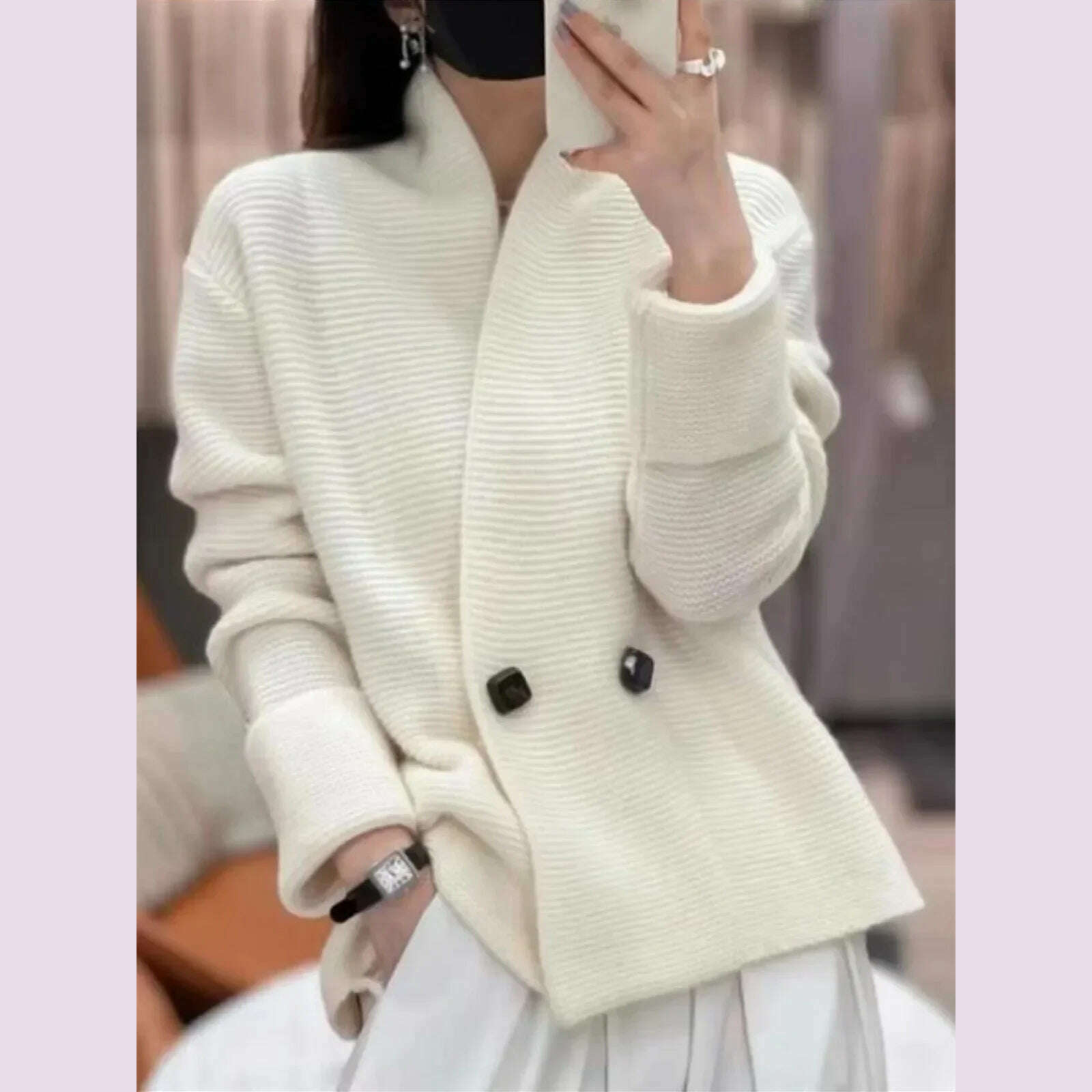 KIMLUD, Women's Loose and Lazy Style Mid-length Sweater, Casual Coats, Simple Knit Cardigan, Korean Style, Spring, Autumn, WHITE / One Size, KIMLUD APPAREL - Womens Clothes