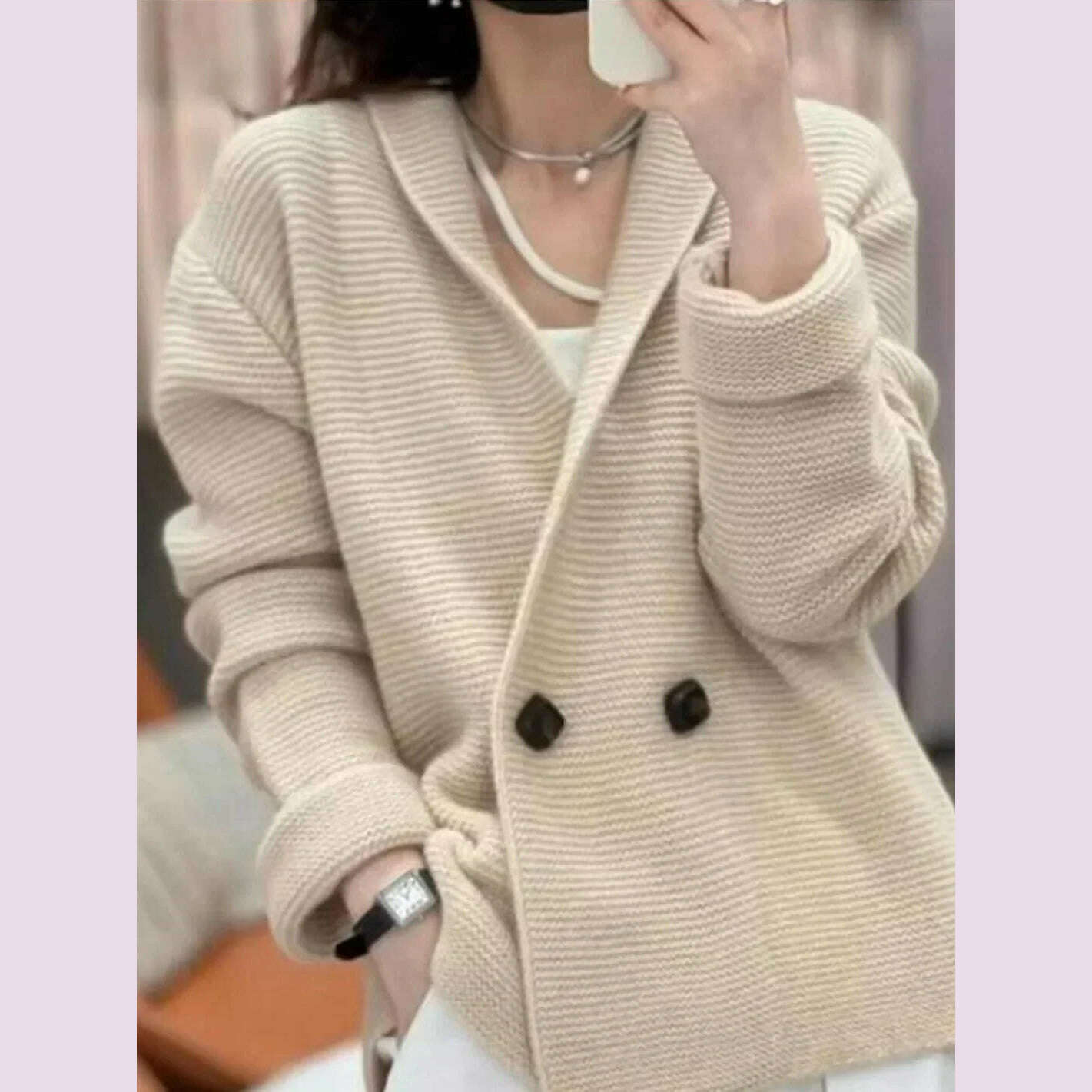 KIMLUD, Women's Loose and Lazy Style Mid-length Sweater, Casual Coats, Simple Knit Cardigan, Korean Style, Spring, Autumn, Apricot / One Size, KIMLUD APPAREL - Womens Clothes