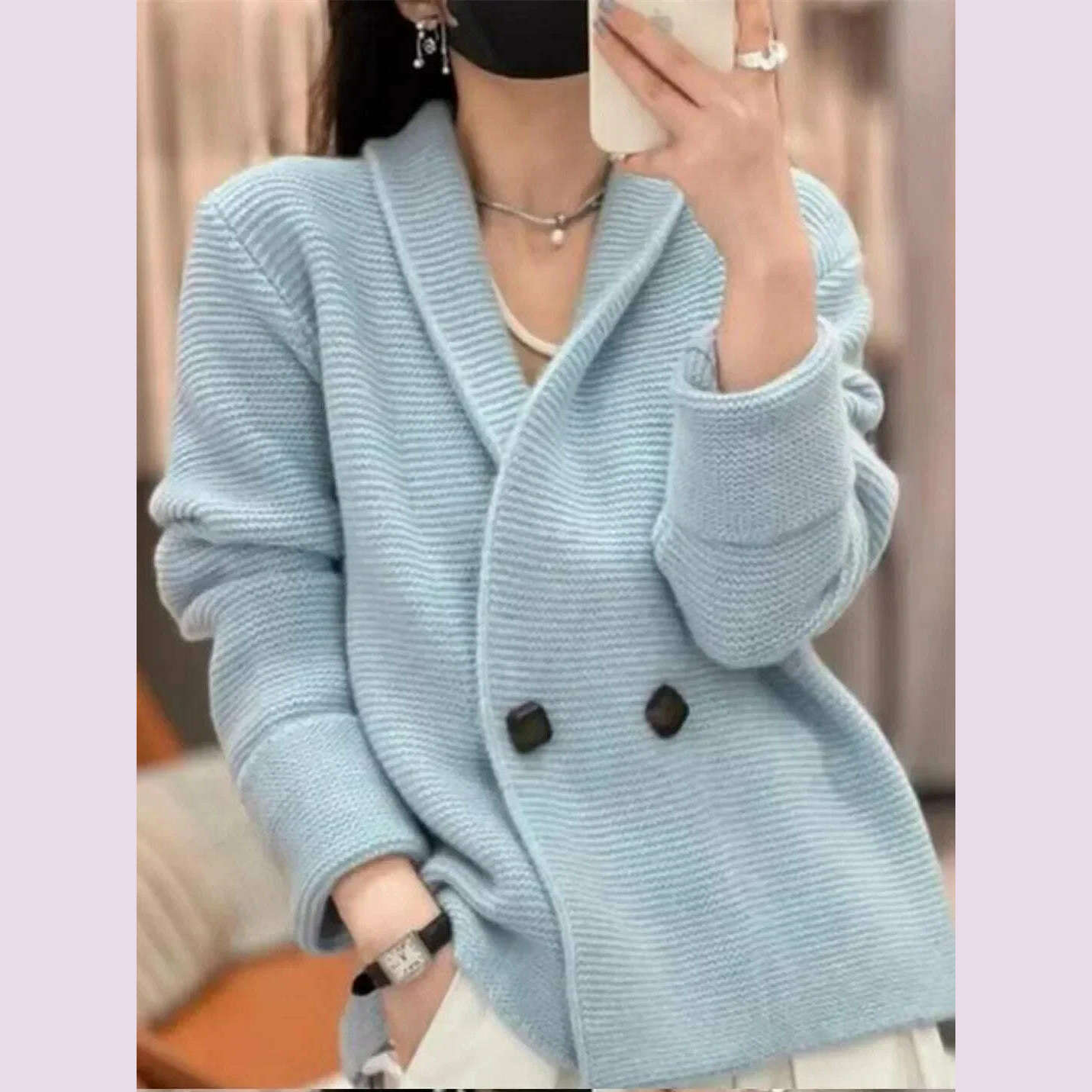 KIMLUD, Women's Loose and Lazy Style Mid-length Sweater, Casual Coats, Simple Knit Cardigan, Korean Style, Spring, Autumn, Light  Blue / One Size, KIMLUD APPAREL - Womens Clothes