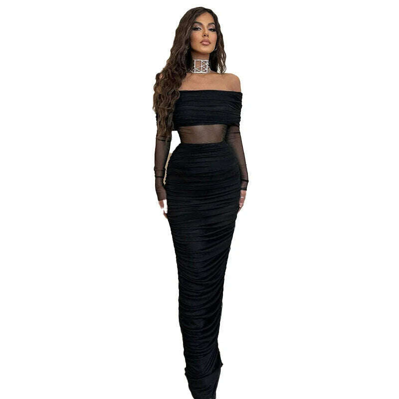 Women's Mesh See Through Mini Bodycon Dress, Black, Monochromatic, Long Sleeve, Party Club Clothing, Spring - KIMLUD