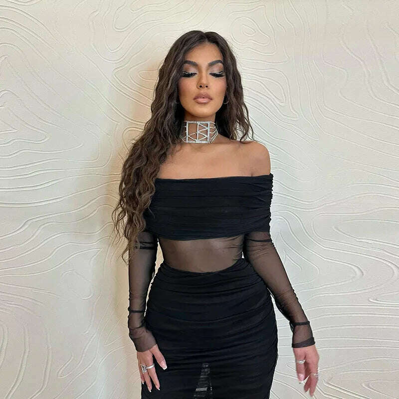 Women's Mesh See Through Mini Bodycon Dress, Black, Monochromatic, Long Sleeve, Party Club Clothing, Spring - KIMLUD