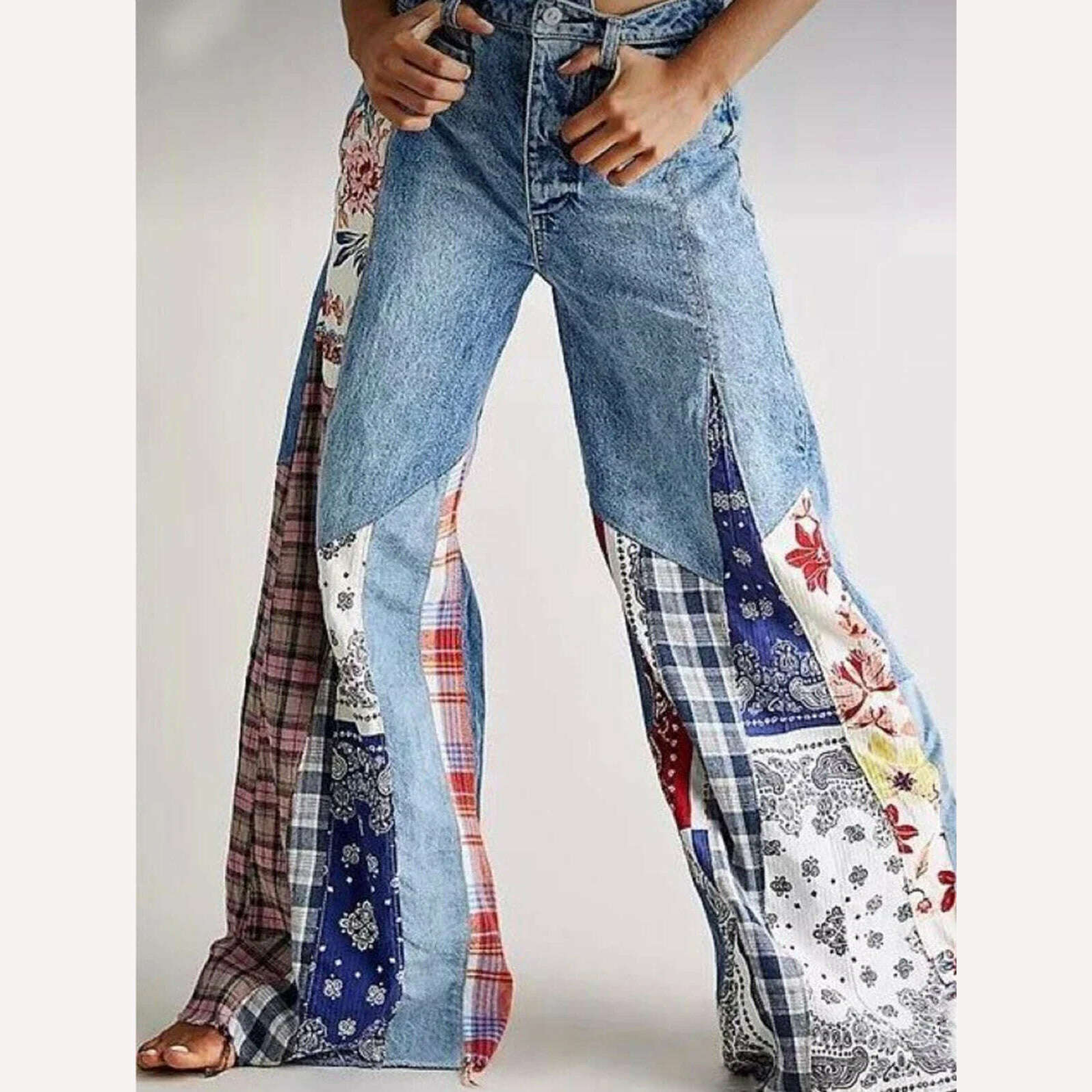 KIMLUD, Women's Patchwork Denim Big Flare Pants Vintage Zipper Streetwear Pocket Wide Leg Mid-Waist Jeans Pants Spring Autumn 2024, KIMLUD Womens Clothes