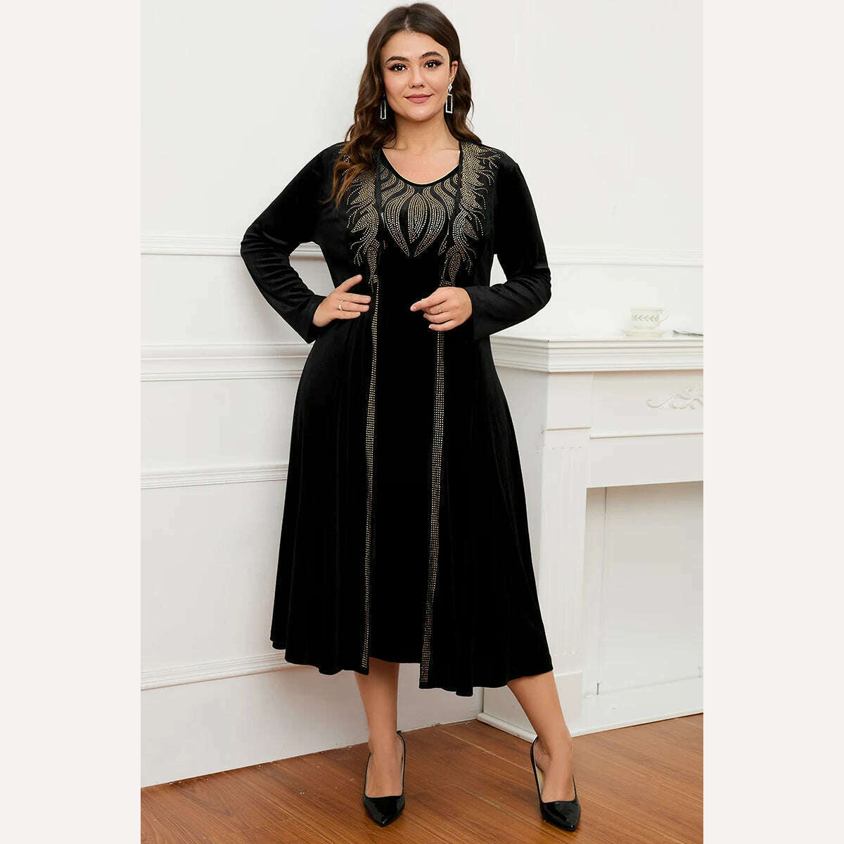 KIMLUD, Women's Plus Size Dress Two Piece Dress Set Velvet Autumn Printing Round Neck Casual Elegant Tank Dress and Long Jacket Outfit, Black / XXXL, KIMLUD APPAREL - Womens Clothes