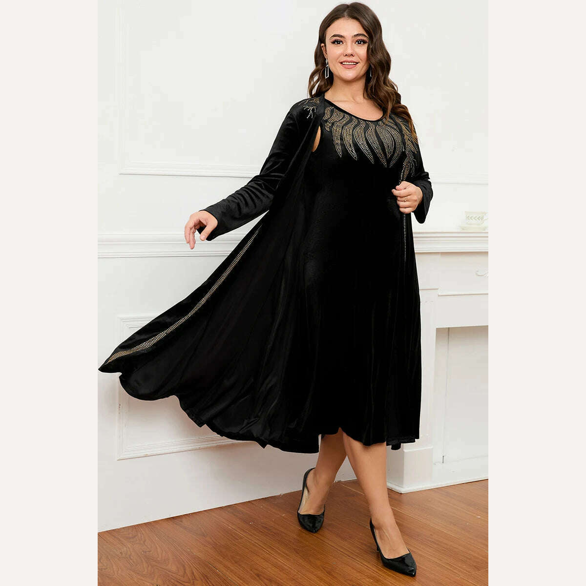 KIMLUD, Women's Plus Size Dress Two Piece Dress Set Velvet Autumn Printing Round Neck Casual Elegant Tank Dress and Long Jacket Outfit, KIMLUD Womens Clothes