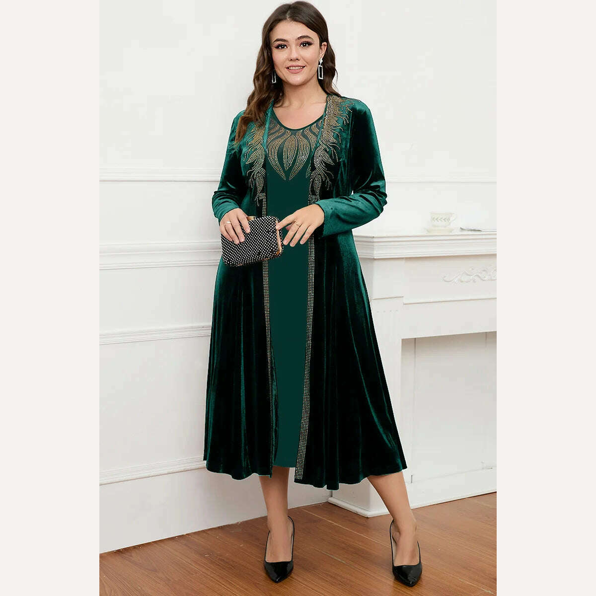 KIMLUD, Women's Plus Size Dress Two Piece Dress Set Velvet Autumn Printing Round Neck Casual Elegant Tank Dress and Long Jacket Outfit, Green / XXXL, KIMLUD APPAREL - Womens Clothes