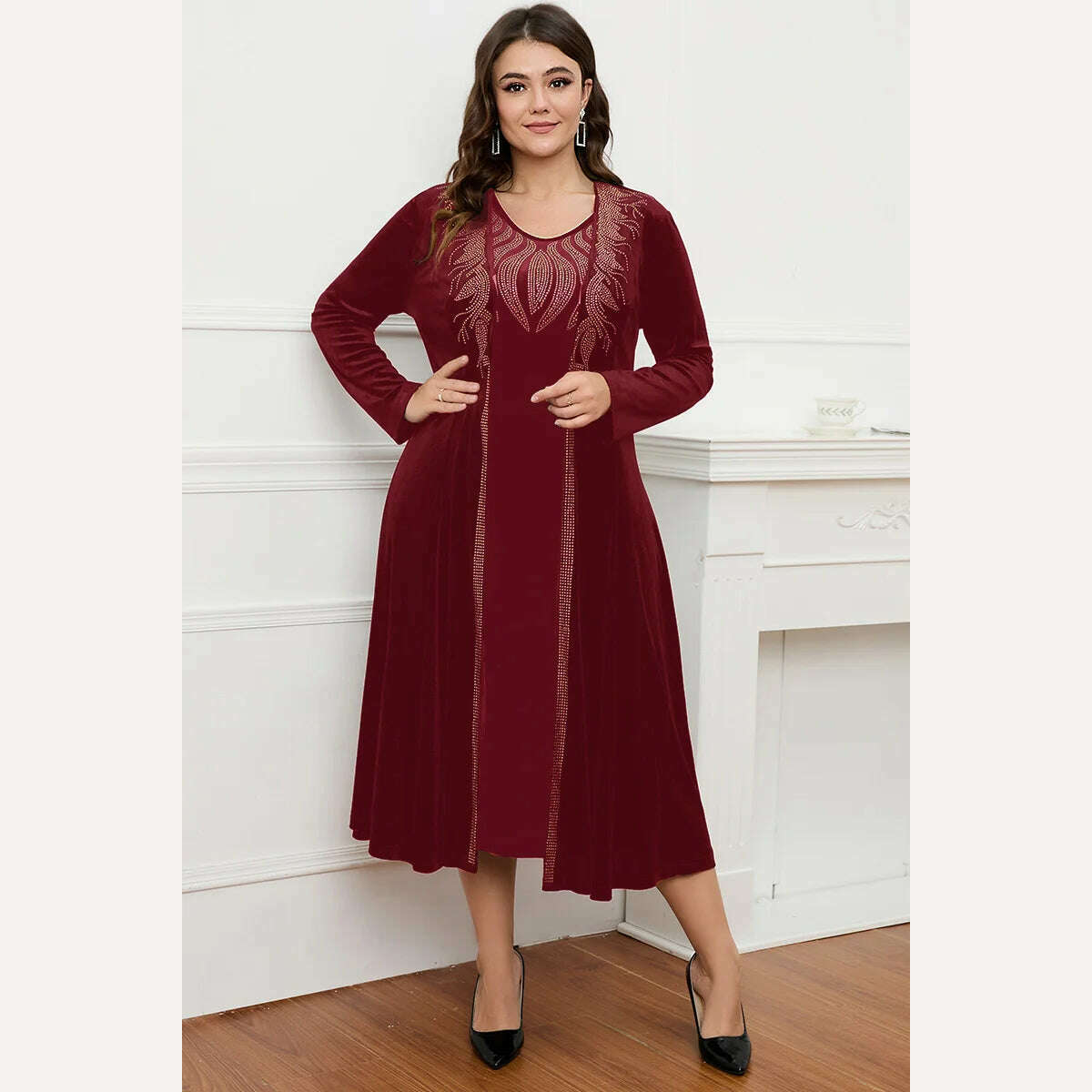 KIMLUD, Women's Plus Size Dress Two Piece Dress Set Velvet Autumn Printing Round Neck Casual Elegant Tank Dress and Long Jacket Outfit, Red / 5XL, KIMLUD APPAREL - Womens Clothes