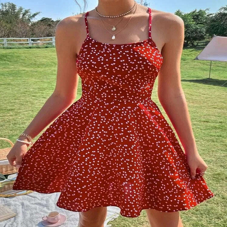 KIMLUD, Women's Print Summer Dress Confetti Heart Print Crisscross Tie Backless Cami Dress Print Boho Beach Dress Sundress Robe, Red / S, KIMLUD APPAREL - Womens Clothes