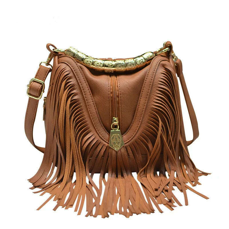 Women's PU Bags European and American Trendy Bucket Fringe Handbags Shoulder Messenger Bags - KIMLUD