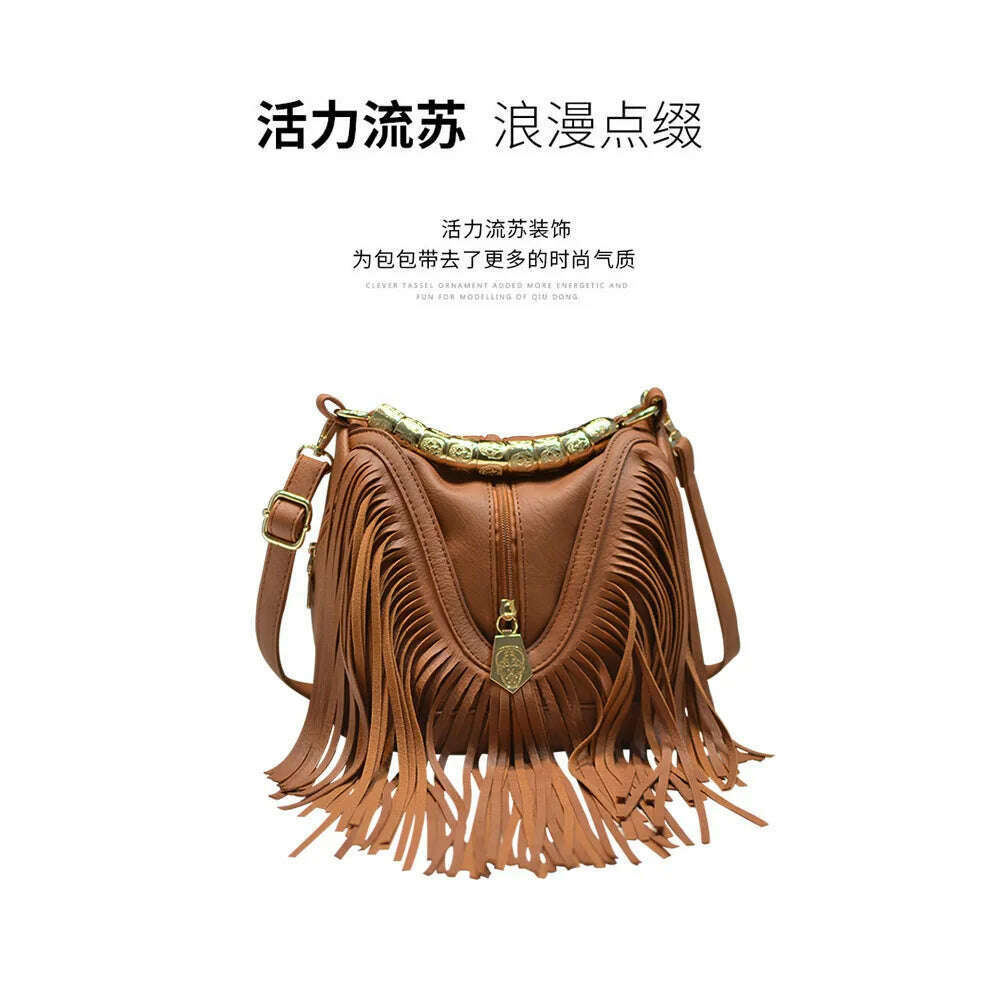 Women's PU Bags European and American Trendy Bucket Fringe Handbags Shoulder Messenger Bags - KIMLUD