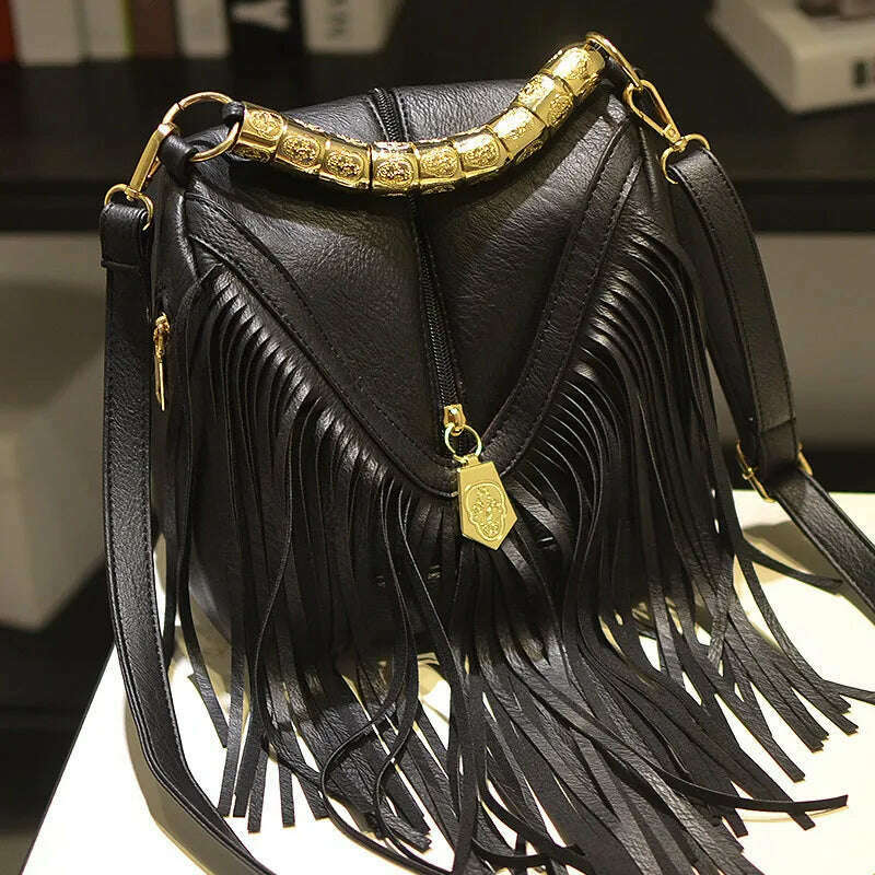 Women's PU Bags European and American Trendy Bucket Fringe Handbags Shoulder Messenger Bags - KIMLUD