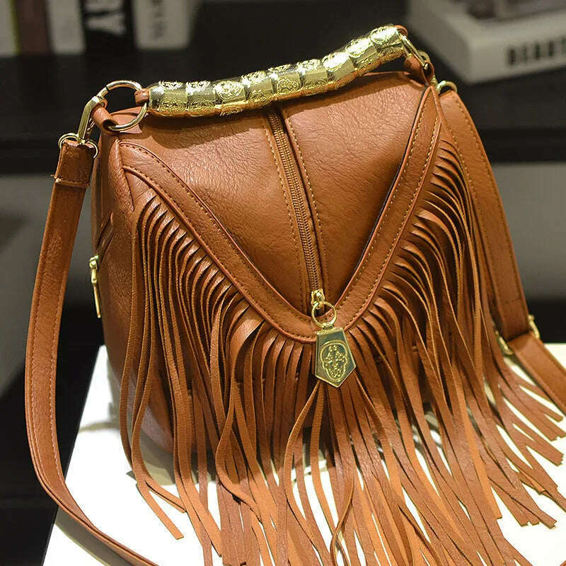 KIMLUD, Women's PU Bags European and American Trendy Bucket Fringe Handbags Shoulder Messenger Bags, Brown / M / CHINA, KIMLUD APPAREL - Womens Clothes