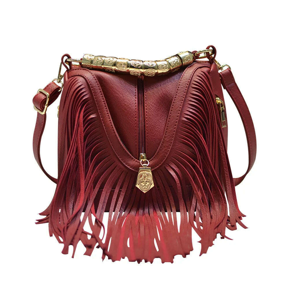 KIMLUD, Women's PU Bags European and American Trendy Bucket Fringe Handbags Shoulder Messenger Bags, KIMLUD Womens Clothes