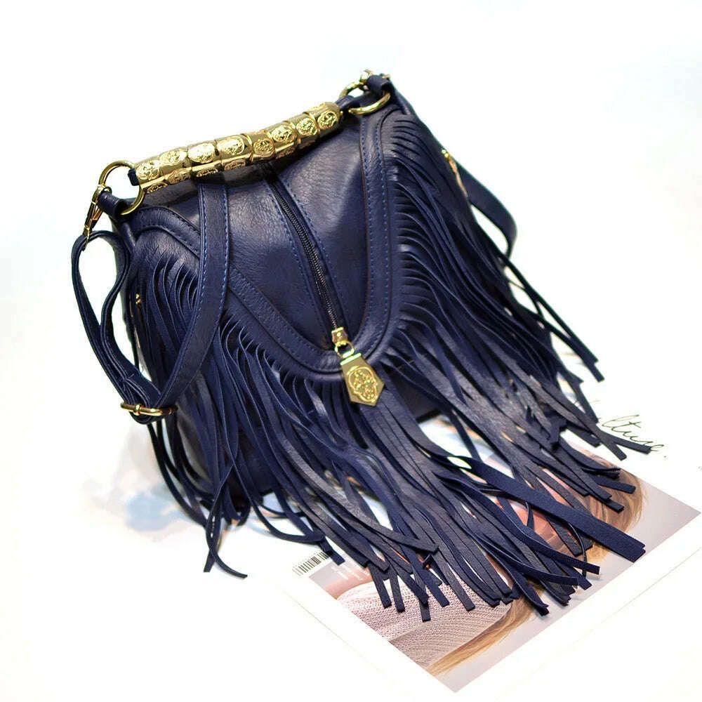 Women's PU Bags European and American Trendy Bucket Fringe Handbags Shoulder Messenger Bags - KIMLUD