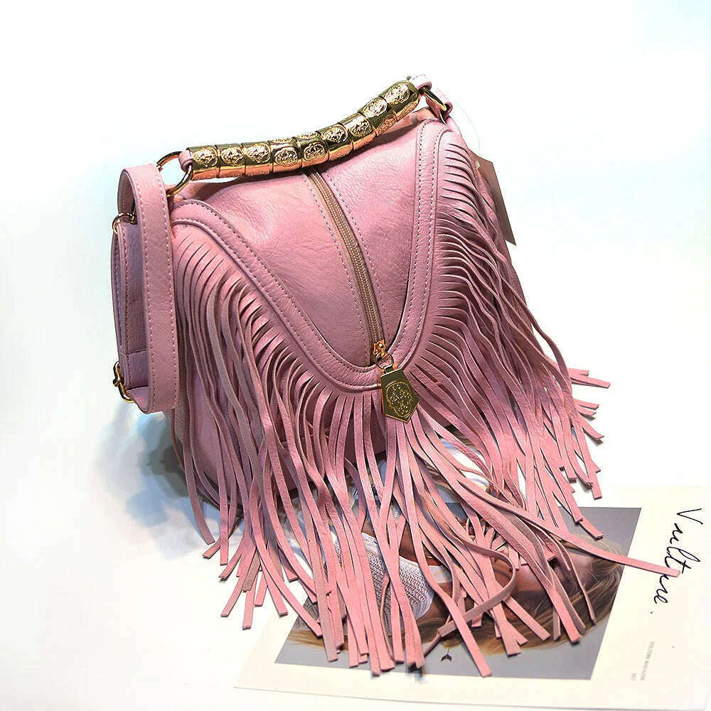 Women's PU Bags European and American Trendy Bucket Fringe Handbags Shoulder Messenger Bags - KIMLUD