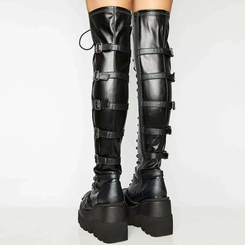 KIMLUD, Women's Punk Over-the-Knee Boots: Platform Heels with Belt Buckle, Thigh High Goth Motorcycle Flat Boots in Plus Sizes, KIMLUD Womens Clothes