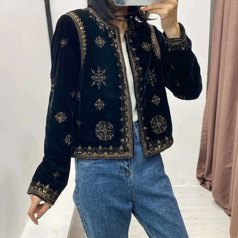 KIMLUD, Women's Replica Ethnic Style Heavy Industrial Embroidered Sequin Decorated Jacket Velvet Short Cardigan Autumn and Winter Women, black / M, KIMLUD APPAREL - Womens Clothes