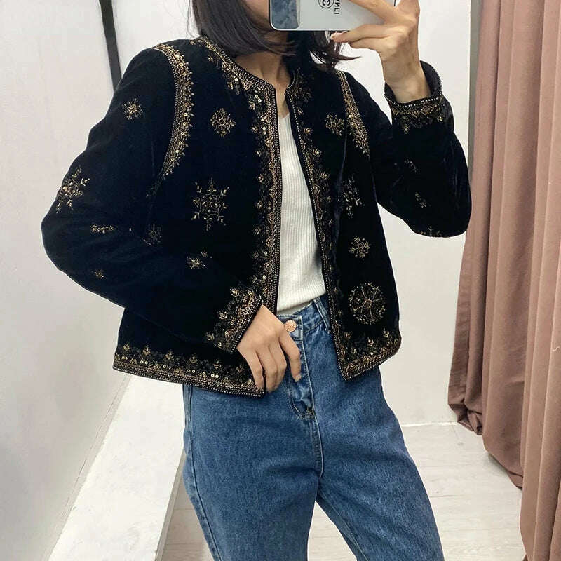 KIMLUD, Women's Replica Ethnic Style Heavy Industrial Embroidered Sequin Decorated Jacket Velvet Short Cardigan Autumn and Winter Women, KIMLUD Womens Clothes