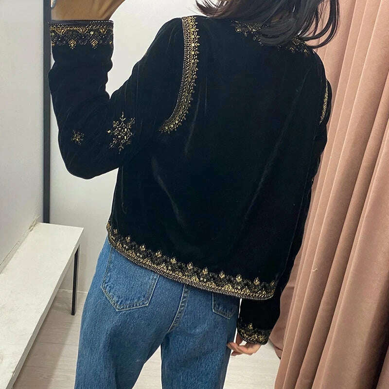 KIMLUD, Women's Replica Ethnic Style Heavy Industrial Embroidered Sequin Decorated Jacket Velvet Short Cardigan Autumn and Winter Women, KIMLUD Womens Clothes