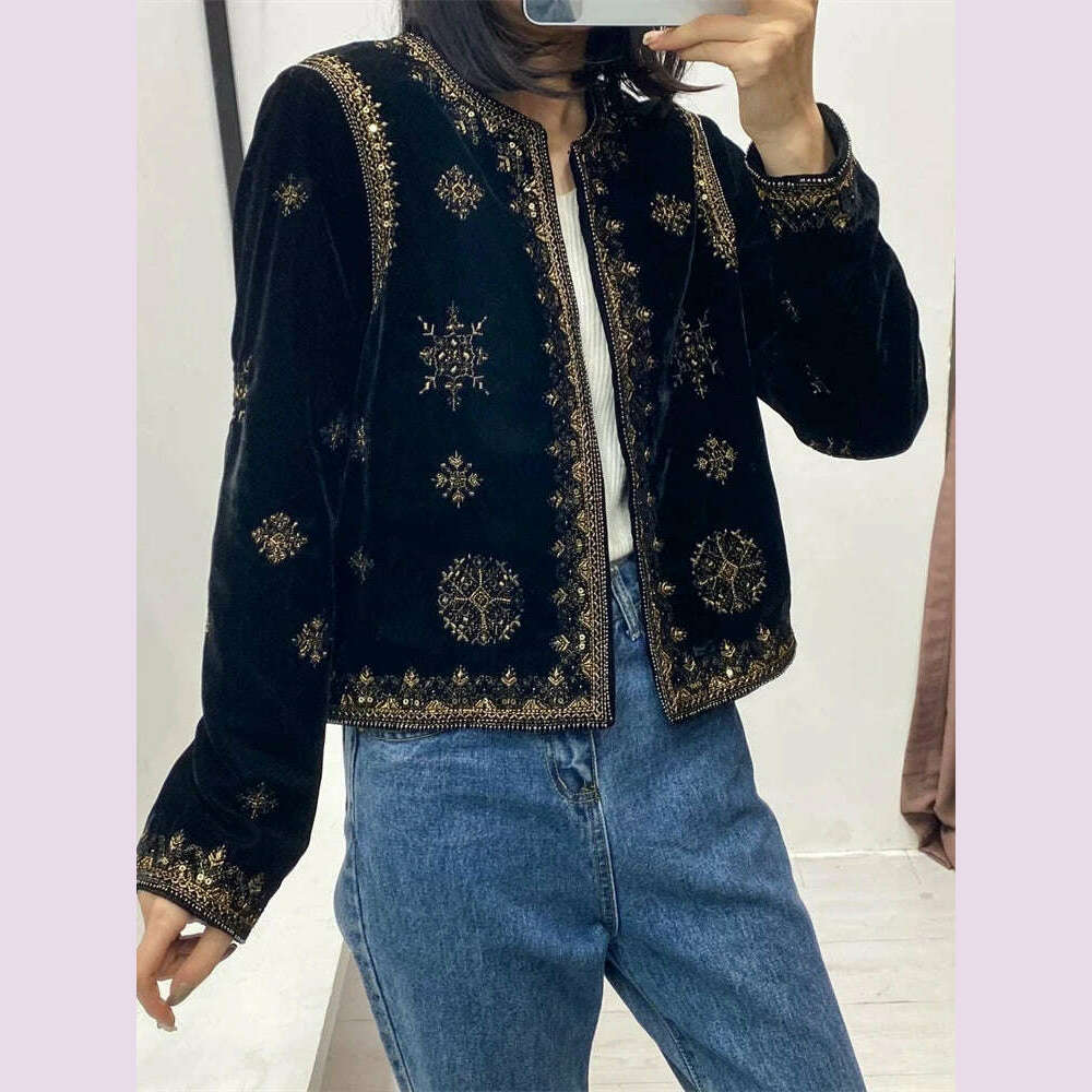 KIMLUD, Women's Replica Ethnic Style Heavy Industrial Embroidered Sequin Decorated Jacket Velvet Short Cardigan Autumn and Winter Women, KIMLUD Womens Clothes