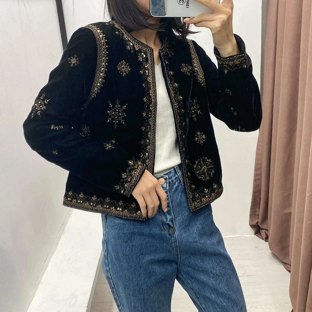 KIMLUD, Women's Retro Palace Style Heavy Industry Embroidery Sequins Decorative Velvet Short Cardigan Jacket Autumn And Winter, KIMLUD Womens Clothes