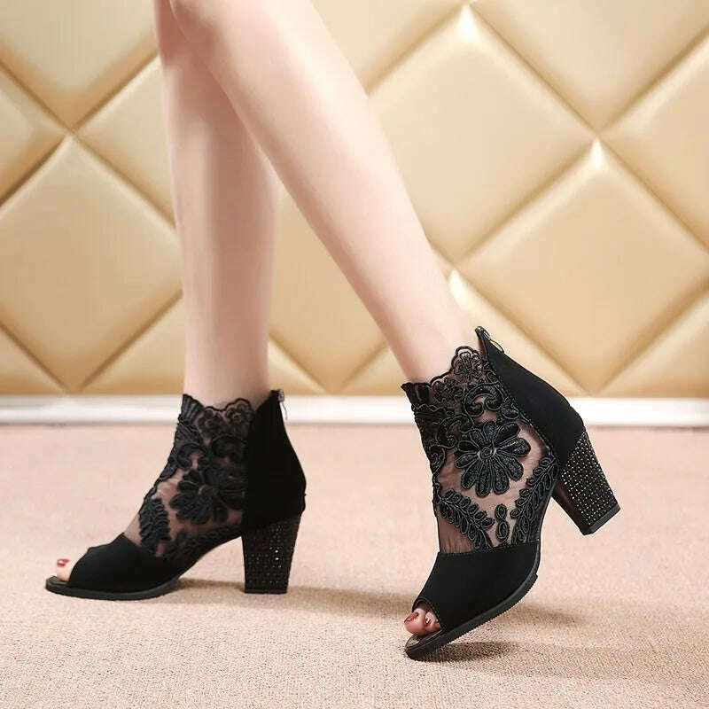 KIMLUD, Women's Sandals Lace Patch Floral Pattern Chunky Heel Ankle Boots Fish Mouth Mid-heel Women's Shoes Breathable Mesh High Heels, Black / 43, KIMLUD APPAREL - Womens Clothes