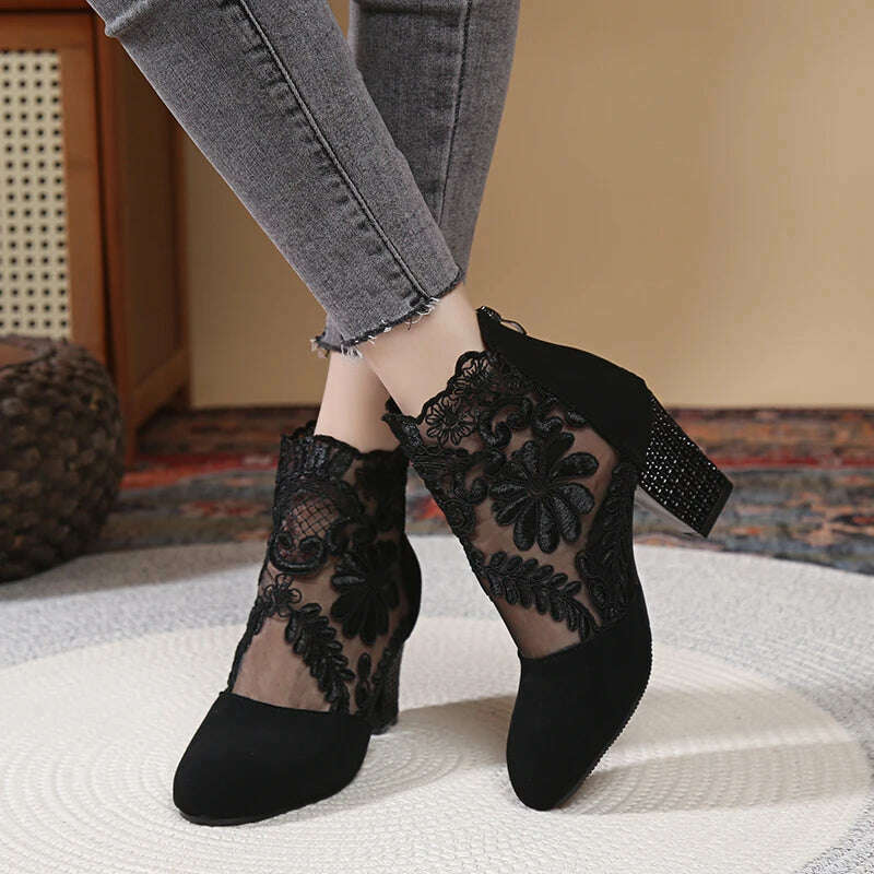 KIMLUD, Women's Sandals Summer 2024 New Fashion Lace Flowers High Heels Women Solid Hollow Sandals Square Heel Zip Shoes Women Sandalias, KIMLUD Womens Clothes