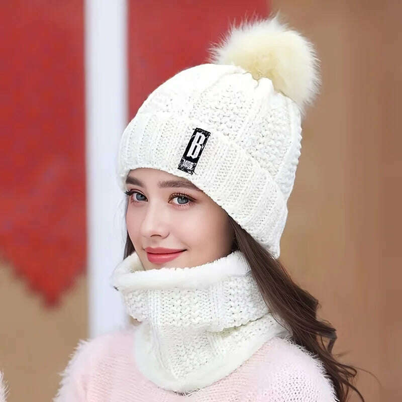 KIMLUD, Women's Scarf Hat Winter Cycling Padded Warm Knitted Wool Hat Thickened Windproof Scarf Hat Warm and Cold Knitted Hat, White / 1PC, KIMLUD APPAREL - Womens Clothes