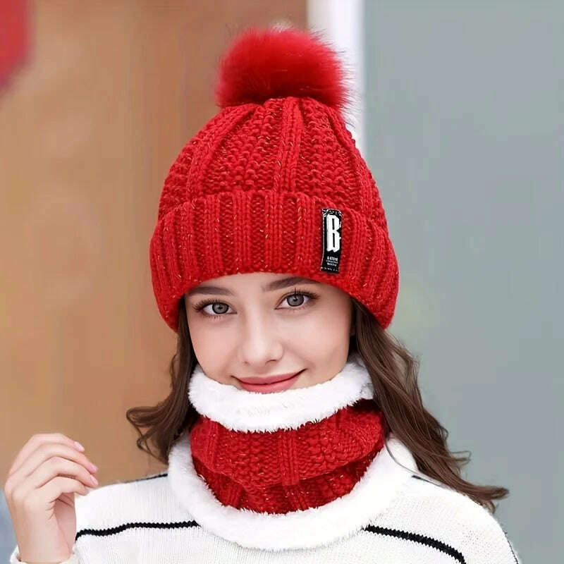 KIMLUD, Women's Scarf Hat Winter Cycling Padded Warm Knitted Wool Hat Thickened Windproof Scarf Hat Warm and Cold Knitted Hat, Red / 1PC, KIMLUD APPAREL - Womens Clothes