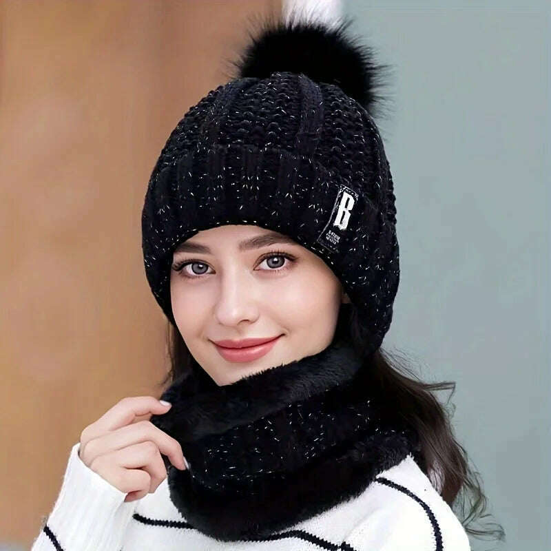 KIMLUD, Women's Scarf Hat Winter Cycling Padded Warm Knitted Wool Hat Thickened Windproof Scarf Hat Warm and Cold Knitted Hat, Black / 1PC, KIMLUD APPAREL - Womens Clothes