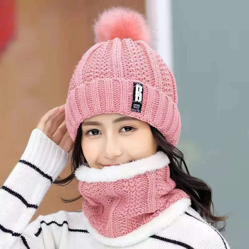 KIMLUD, Women's Scarf Hat Winter Cycling Padded Warm Knitted Wool Hat Thickened Windproof Scarf Hat Warm and Cold Knitted Hat, Pink / 1PC, KIMLUD APPAREL - Womens Clothes