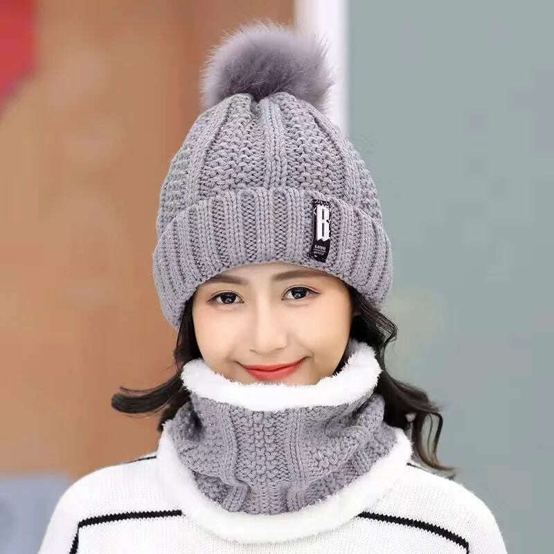 KIMLUD, Women's Scarf Hat Winter Cycling Padded Warm Knitted Wool Hat Thickened Windproof Scarf Hat Warm and Cold Knitted Hat, Grey / 1PC, KIMLUD APPAREL - Womens Clothes