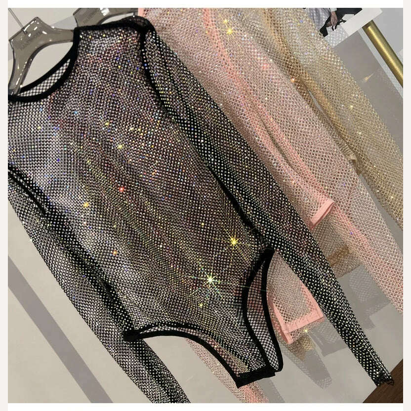 Women's Shiny Rhinestone Fishnet See-Through Bodysuit Mesh Fashion Sexy Bodysuit - KIMLUD