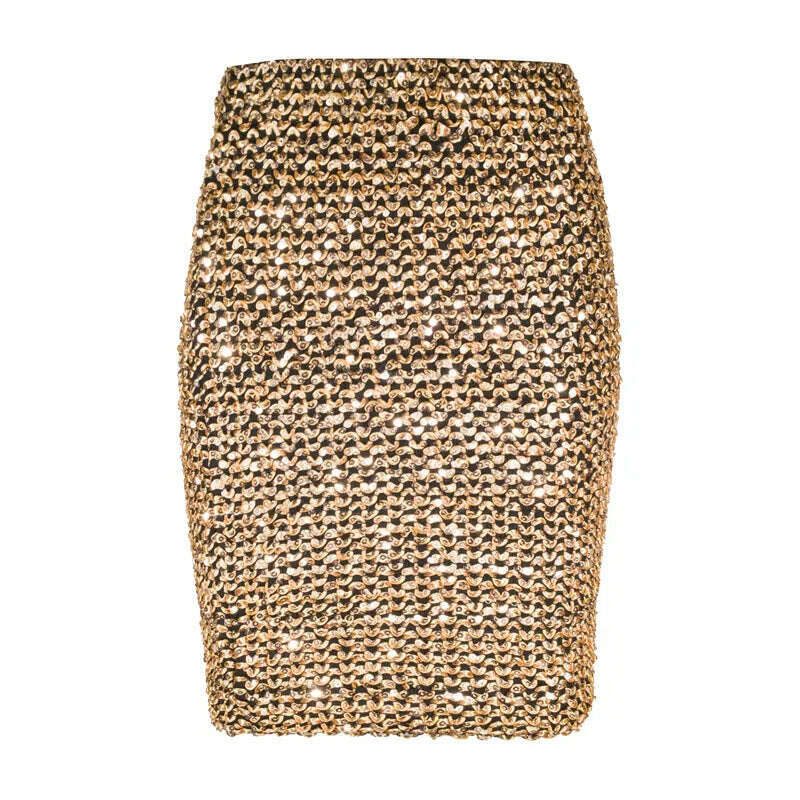 KIMLUD, Womens Skirts Gold Sequined Mini Skirt Stretchy Bodycon Skirt Short Wrap Skirt for Office Lady Party Girl Saia, Gold / One Size, KIMLUD APPAREL - Womens Clothes