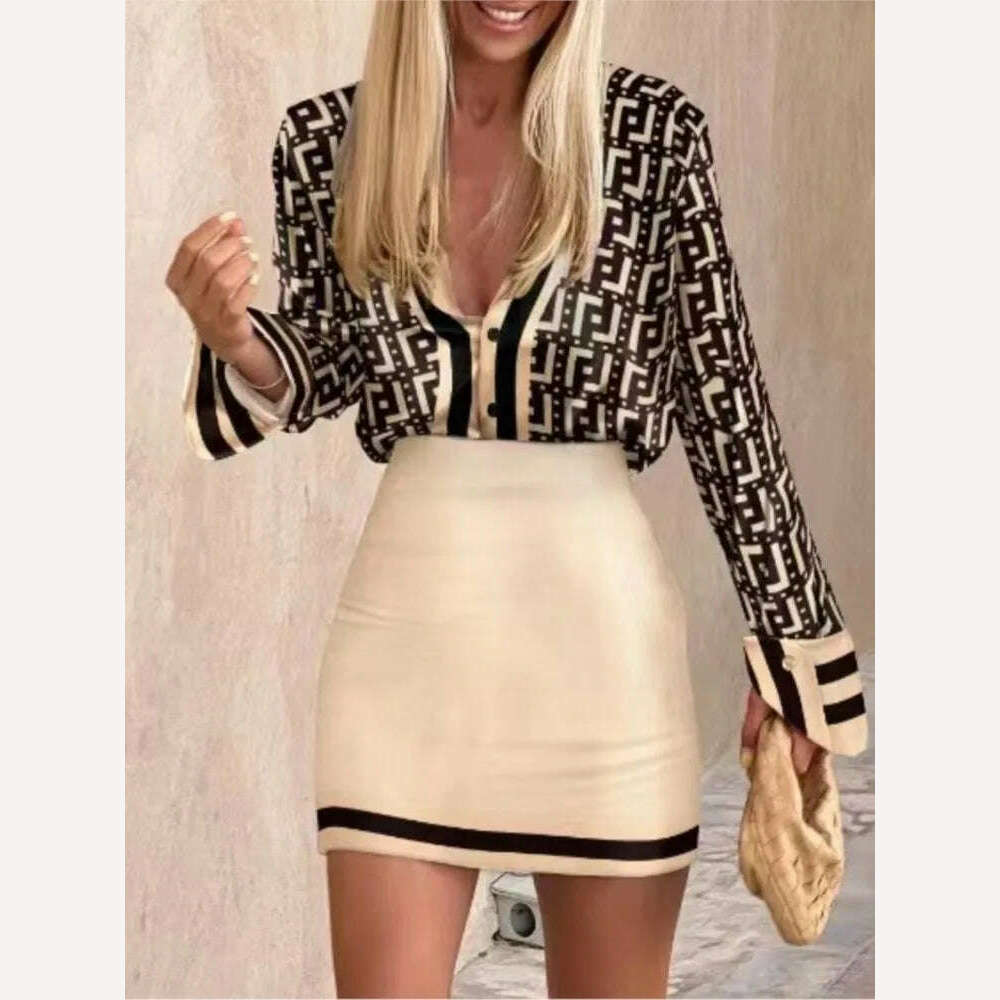 Women's Spring Autumn New Printed Shirt Long Sleeve Set Fashion Slim Elegant Female Office Dresses Mini Skirt 2 Piece Set 2023 - KIMLUD