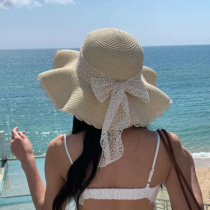 Women's Straw Hat Spring and Summer Lace Bow Large Brim Breathable Foldable Sunshade Caps Beach Cap Sweet Fisherman Hat S131 - KIMLUD